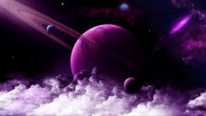 在星空宇宙場景中，雲層上方帶有光環的紫色行星。 — 淺紫色動態圖片 壁紙