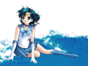 動漫水手女孩坐在藍色海水和泡沫的海浪中。