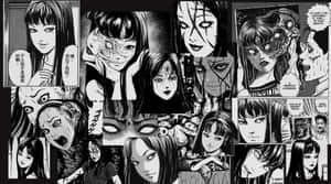 漫畫面板展示女性表情變化和恐怖元素。