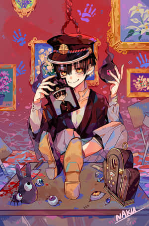 戴帽子的動漫男孩拿著照片，周圍環繞著漂浮的手印和眼球。