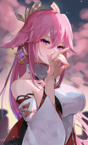 穿著傳統服裝、粉紅色頭髮和紫色眼睛的動漫女孩在櫻花下。