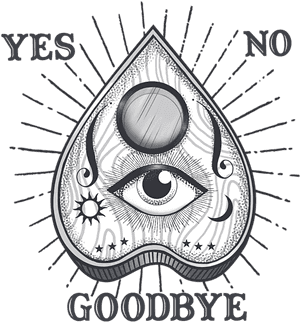 一個黑白插圖的淚滴，帶有眼睛和月相，標有 yes no goodbye。 — 再見 壁紙