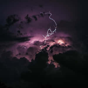 一道強烈的閃電在夜間照亮了黑暗的暴風雲。