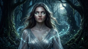 神秘女子身穿銀色長袍，在夜晚的魔法森林中發光。