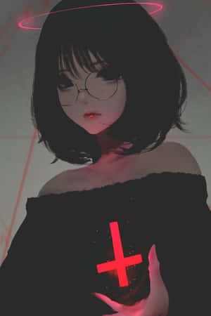 戴眼鏡的動漫女孩在粉紅色光環下拿著發光的紅色十字架。