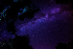 繁星點點的夜空下，深色樹木剪影上方的紫色和藍色星系