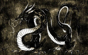 一隻黑白動漫龍，擁有鋒利的爪子和發光的眼睛。