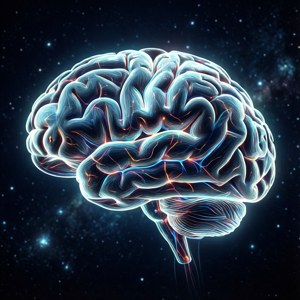發光的大腦，帶有神經通路，背景是星空太空。