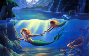 兩個美人魚喺發光瀑布附近嘅水底互相伸手觸碰。