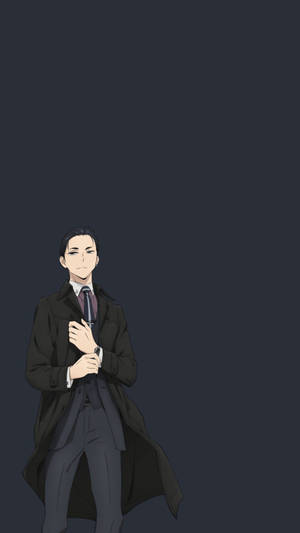 動漫男人穿著深色外套和領帶，站在灰色背景前