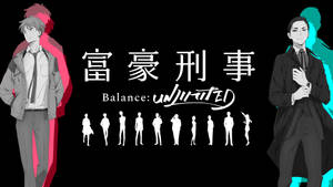 兩個穿著西裝的動漫男子夾著日文字句，黑色背景上有白色剪影。