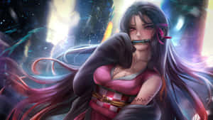 動漫女孩穿粉紅和服將刀刃貼在嘴唇上，背景宇宙發光 — 鬼滅之刃 禰豆子 壁紙