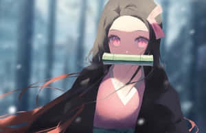 動漫女孩，粉紅色眼睛，竹製口塞，在雪地森林中。