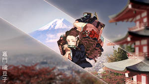 動漫戰士飛過富士山和日本寺廟屋頂。 — 鬼滅之刃 壁紙