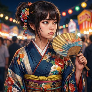 年輕女子穿著花卉和服，在夜間節日中拿著扇子，背景有閃爍的燈籠。