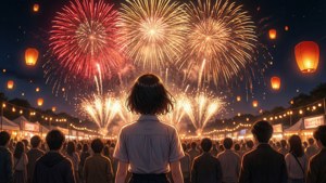 人群在夜間節日中觀看五彩繽紛的煙火和漂浮的燈籠。