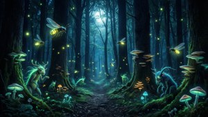 禁忌森林中詭異的夜晚場景，點綴著發光的魔法生物