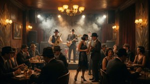 爵士樂隊在1920年代的地下酒吧中演奏，顧客戴著帽子和穿著flapper裙。