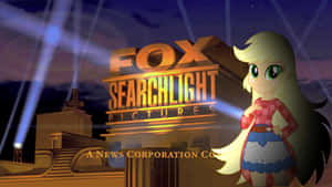 卡通小馬在夜間聚光燈下站在Fox Searchlight Pictures標誌旁邊。
