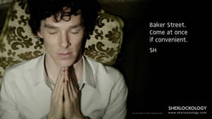 閉著眼睛雙手合十的男人靠著有圖案的枕頭，文字 Baker Street Come at once if convenient SH — 倫敦 壁紙