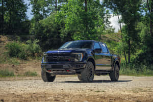 黑色福特 F-150 Raptor 貨車停在森林中的碎石路上。