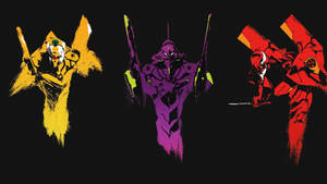 三部色彩繽紛的 Evangelion 機甲單位在黑色背景上擺出動態姿勢。