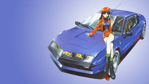 動漫女孩穿著橙色服裝坐在藍色跑車上。