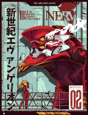 一個身穿紅色衣服的女孩站在一個巨大的紅色 Evangelion 機械人前面，背景是陰暗的工業環境。