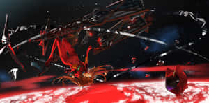 動漫女孩穿著紅色套裝漂浮在太空中，有碎片和紅色星球在下方。