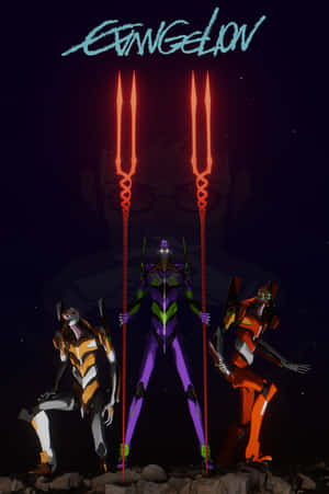 三部 Evangelion 機甲帶著發光的三叉戟，以星空夜空和一個巨大的面孔剪影為背景。 — 新世紀福音戰士 壁紙