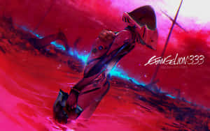 紅色 Evangelion 機體站立在發光的紅色和藍色液體中，帶有文字疊加。 — 新世紀福音戰士 GIF 壁紙