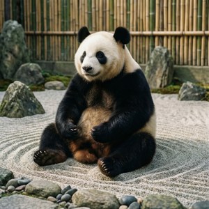 一隻大熊貓坐在耙平的沙地上，周圍環繞著岩石和竹籬笆。