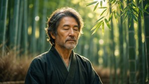 一位長者在竹林裡，陽光穿透樹葉，寧靜地冥想。