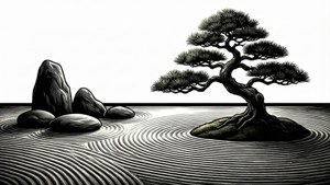 一棵盆景樹立於島上，伴有漣漪和石頭，採用極簡黑白風格。