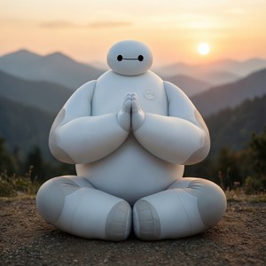 一個白色機械人在日落時分盤腿坐在山脊上冥想。