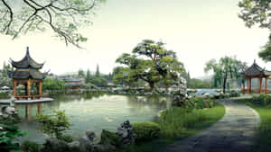 傳統中式花園，有塔、石徑同被綠植環繞嘅池塘。