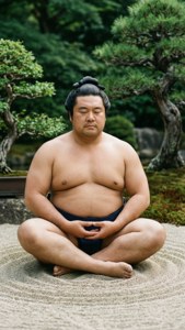 相撲選手在日本庭園中，在耙過的沙子和盆栽樹旁冥想。