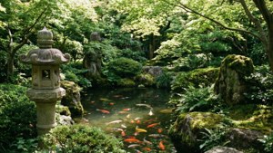 寧靜的日式庭園，內有錦鯉游弋 — 日本 壁紙