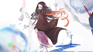 動畫女孩，竹製吹嘴，被漂浮的燈籠和蝴蝶包圍。