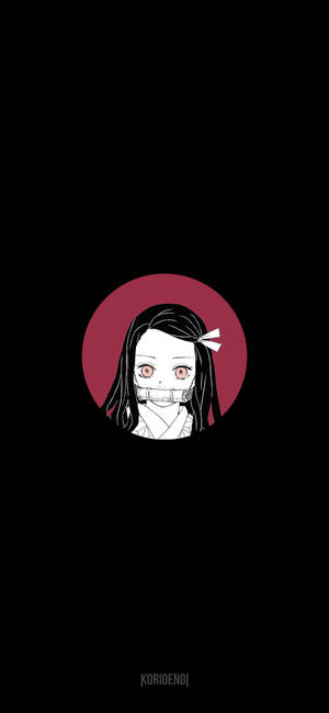 黑色背景上的紅色圓圈中，有紅色眼睛和黑色頭髮的動漫女孩。