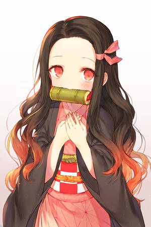 紅眼動漫女孩戴竹製護齒套，雙手合十，身穿傳統服飾。