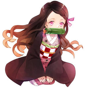 穿著和服、嘴上戴著竹製口塞的動漫女孩盤腿而坐。