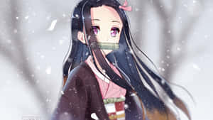 雪中穿著和服、口中含竹製口塞的動漫少女。 — 鬼滅之刃 禰豆子 壁紙