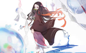 身穿傳統長袍的動漫女孩手持竹劍，周圍漂浮著玻璃球和蝴蝶。 — 鬼滅之刃 禰豆子 壁紙