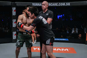 兩名MMA拳手在比賽後擁抱，裁判在附近。 — 動漫擁抱 GIF 壁紙