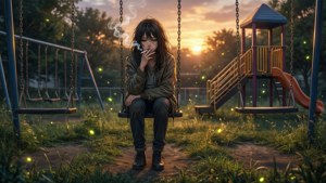 一個人在日落時分的公園鞦韆上抽煙，周圍有發光的螢火蟲。