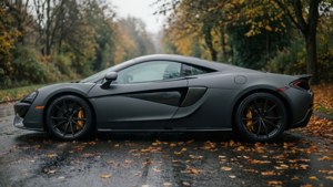 啞光灰色McLaren跑車停泊在濕滑道路上，伴有秋天的落葉。 — 麥拿侖 GIF 壁紙