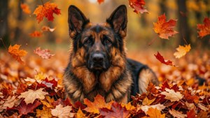 德國牧羊犬被森林中飄落的秋葉包圍。 — 德國牧羊犬 壁紙