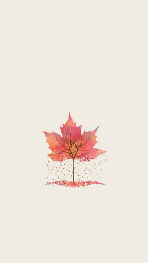 一棵風格化的樹，紅色楓葉在米色背景上飄落在其基部周圍。