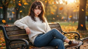 穿著奶油色毛衣的年輕女子坐在公園長椅上，被飄落的秋葉包圍。